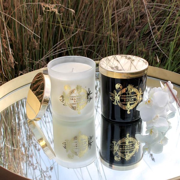 1-Lifestyle-Large-Small-white-black.jpg Madame Luna Gold Crest Frosted Cup Candle with Gold Lid - HALLERBOS