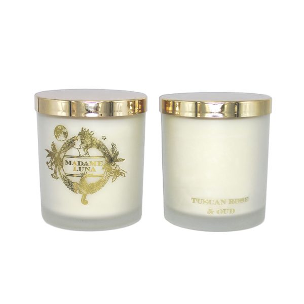 Madame Luna Gold Crest Frosted Cup Candle with Gold Lid - TUSCAN ROSE & OUD