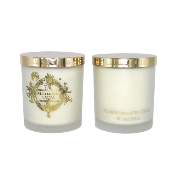 Madame Luna Gold Crest Frosted Cup Candle with Gold Lid - CARIBBEAN LIME & BASIL